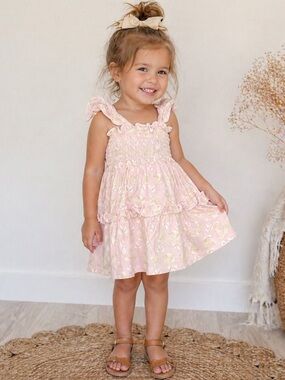 Milkberry Pink Seashell Smocked Dress 24M Ruffle Tiered Beach Summer Baby Girl
